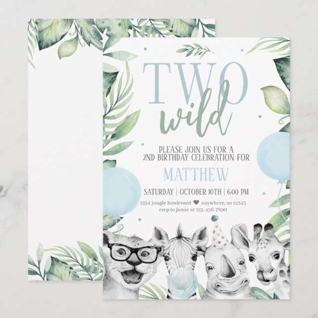 Two Wild Safari Birthday Invitation for a Boy (Front/Back)