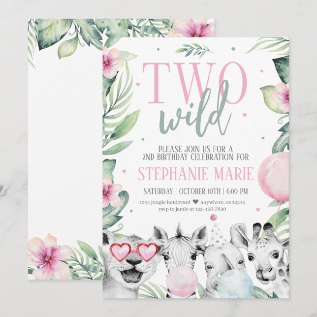 Two Wild Safari Birthday Invitation for Girl (Front/Back)