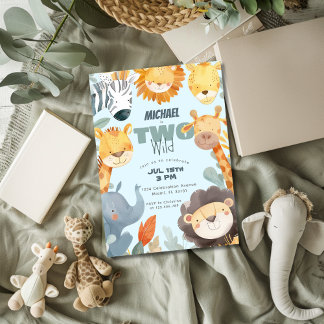 Two Wild Safari Boys 2nd Second Blue Birthday Invitation
