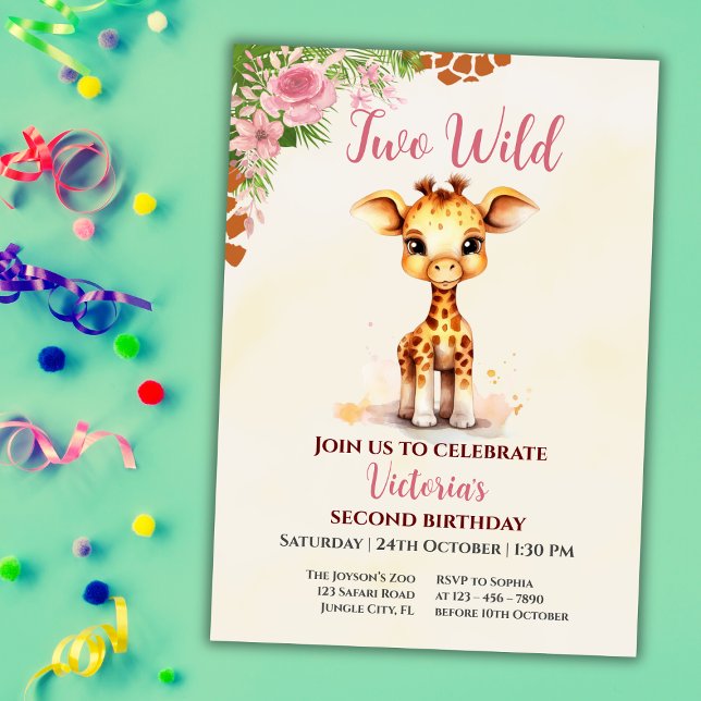 Two Wild Safari Cute Giraf Girl 2nd Birthday Invitation (Creator Uploaded)