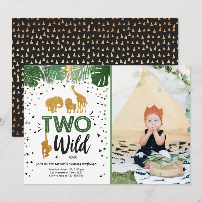 Two Wild Safari Gold Boy Animals Birthday Party Invitation (Front/Back)