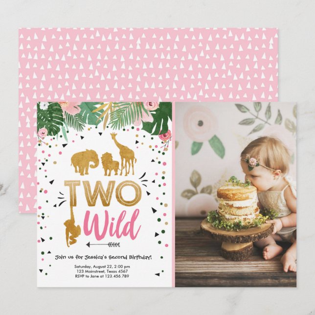 Two Wild Safari Gold Girl Animals Birthday Party Invitation (Front/Back)
