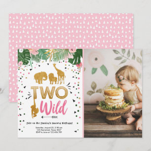 Two Wild Safari Gold Girl Animals Birthday Party Invitation