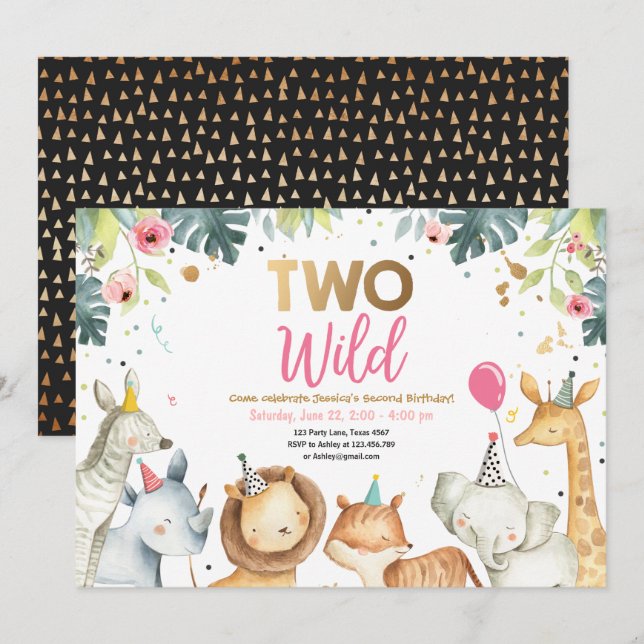 Two Wild Safari Gold Girl Animals Birthday Party Invitation (Front/Back)