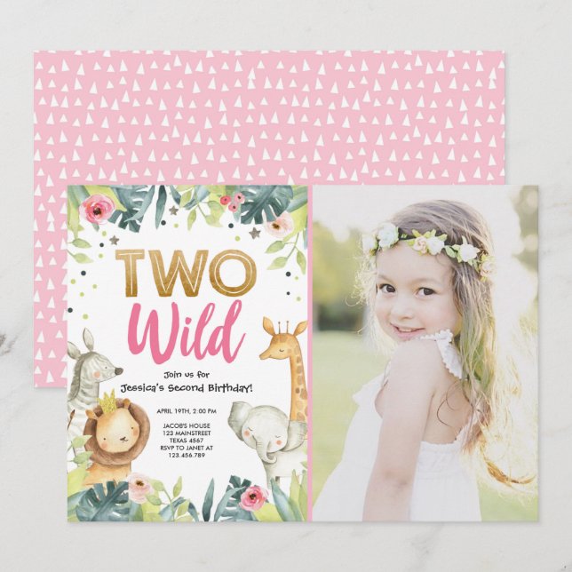 Two Wild Safari Gold Girl Animals Birthday Party Invitation (Front/Back)