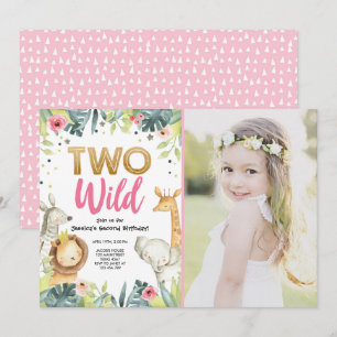 Two Wild Safari Gold Girl Animals Birthday Party Invitation