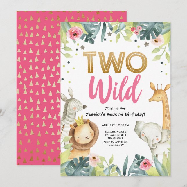 Two Wild Safari Gold Girl Animals Birthday Party Invitation (Front/Back)