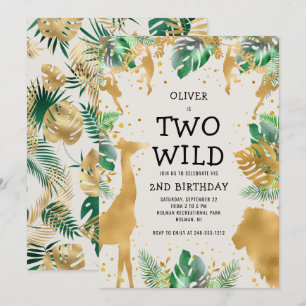 Two Wild Safari Green Gold Ecru 2nd Birthday Invitation
