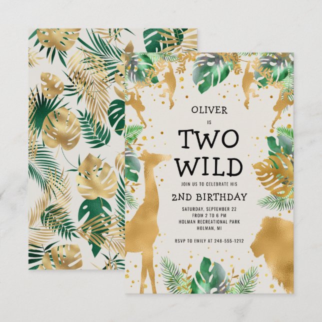 Two Wild Safari Green Gold Ecru 2nd Birthday Invitation (Front/Back)