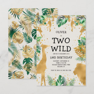 Two Wild Safari Green Gold Ecru 2nd Birthday Invitation