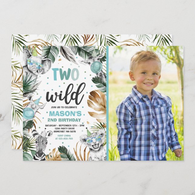 Two Wild Safari Jungle Animals 2nd Birthday Party Invitation (Front/Back)