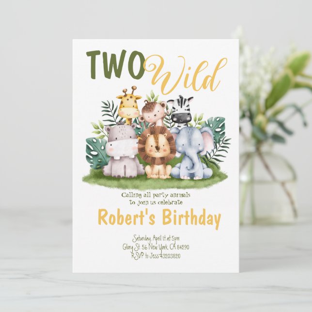 Two Wild Safari Kids Birthday Invitation  (Standing Front)