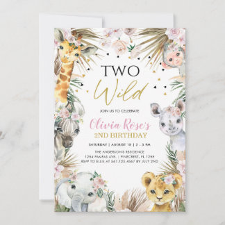TWO WILD Safari Pampas Grass Animals 2nd Birthday  Invitation