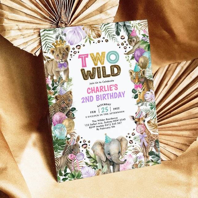 Two Wild Safari Party Animals Girl 2nd Birthday Invitation (Creator Uploaded)