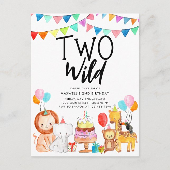 TWO WILD Safari Party Animals Kids 2nd Birthday Postcard (Front)