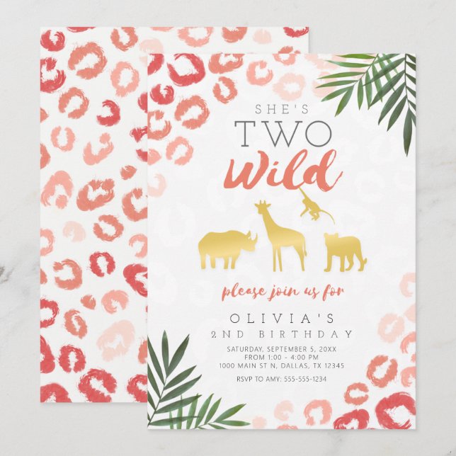 Two Wild Safari Pink and Gold 2nd Birthday Invitation (Front/Back)