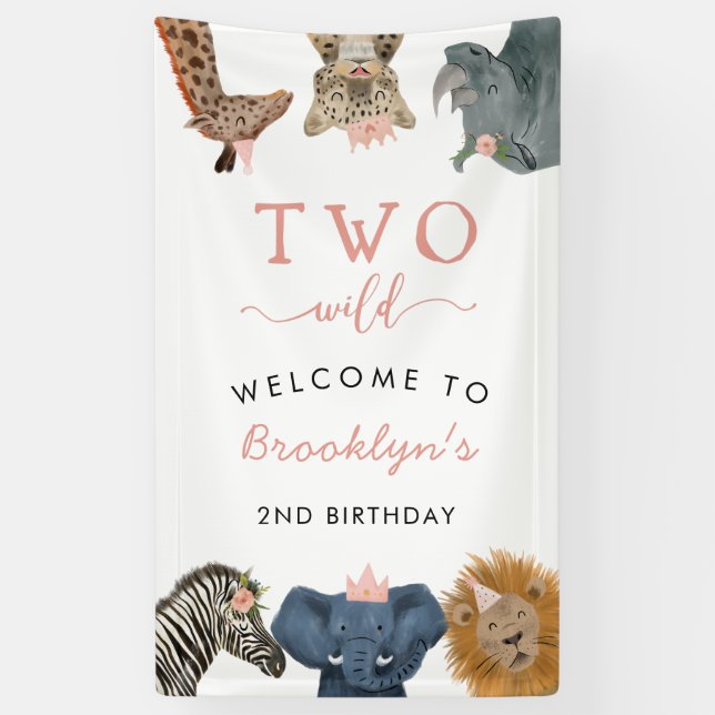 Two Wild Safari Theme Girl's 2nd Birthday  Banner (Vertical)