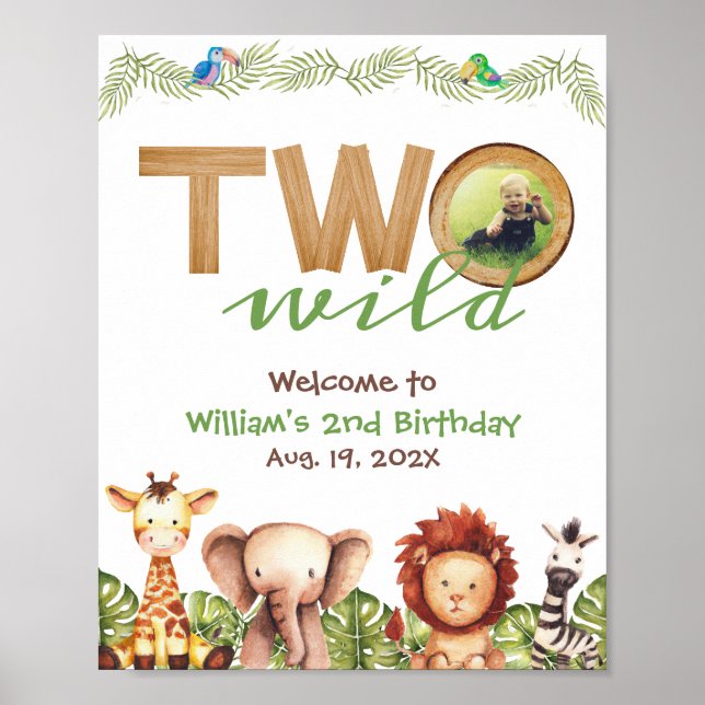 Two Wild Safari Welcome Photo Wood 2nd Birthday  Poster (Front)