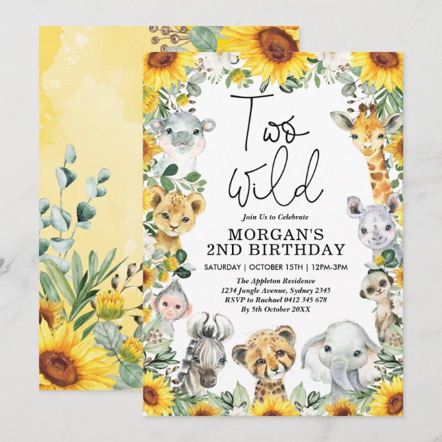 Two Wild Sunflower Safari Animals 2nd Birthday Invitation (Front/Back)
