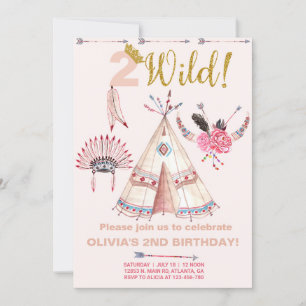 Two Wild tribal boho girl birthday invitation. Invitation
