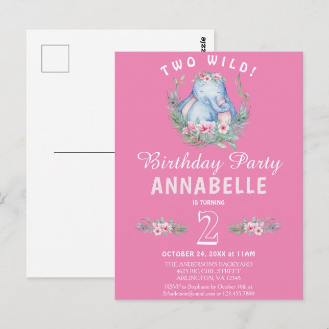 Two Wild Tropical Elephant Pink Birthday Invite Postcard (Front/Back)