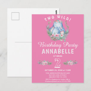 Two Wild Tropical Elephant Pink Birthday Invite Postcard