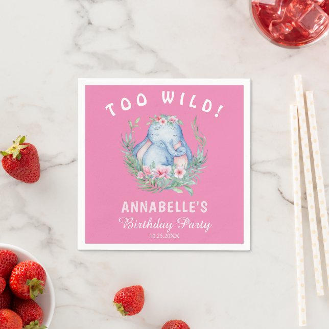 Two Wild Tropical Elephant Pink Birthday Party Napkin (Insitu)