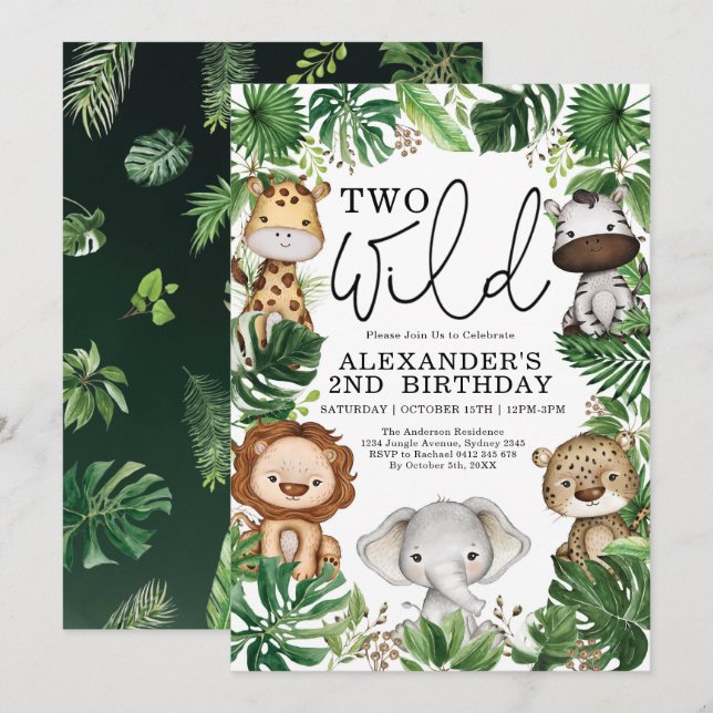 Two Wild Tropical Safari Animals 2nd Birthday Boy Invitation (Front/Back)