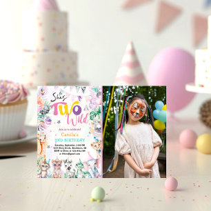 Two Wild Tropical Safari Animals Girl Birthday Invitation