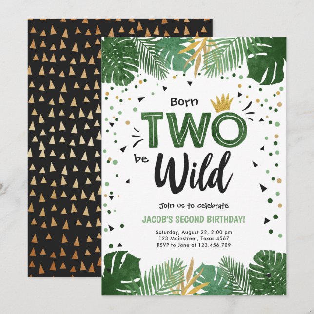 Two Wild Tropical Safari Gold Boy Second Birthday Invitation (Front/Back)