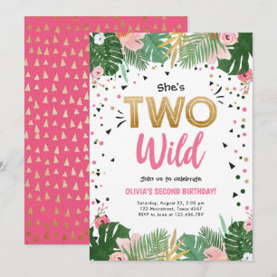 Two Wild Tropical Safari Gold Girl Second Birthday Invitation