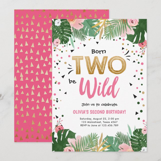 Two Wild Tropical Safari Gold Girl Second Birthday Invitation (Front/Back)