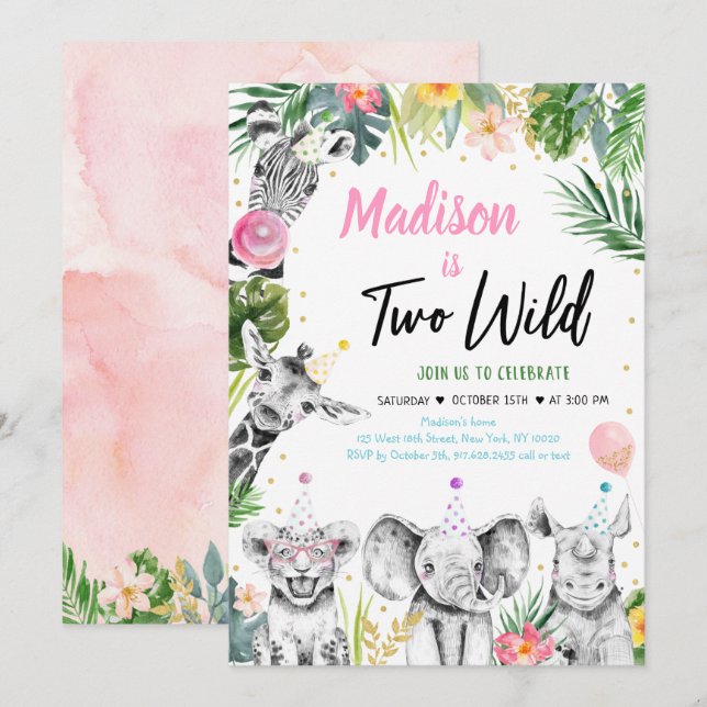 Two Wild Tropical Safari Jungle Girl Birthday Invitation (Front/Back)