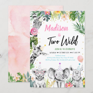 Two Wild Tropical Safari Jungle Girl Birthday Invitation