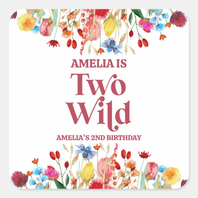Two Wild Wildflower Second 2nd Birthday Party Square Sticker (Front)