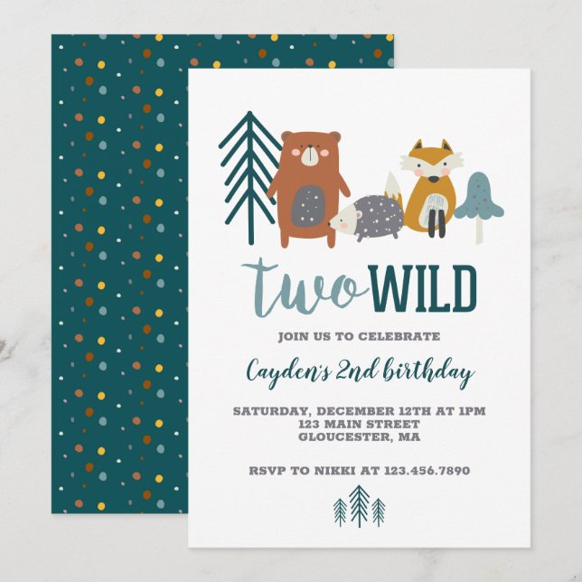 Two Wild Woodland Animal second Birthday Invitation (Front/Back)