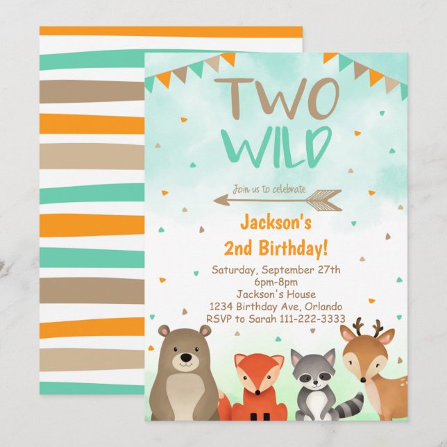 Two Wild Woodland Animals 2nd Birthday Invite (Front/Back)