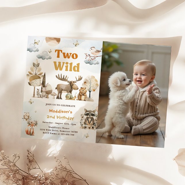 Two Wild Woodland Animals 2nd Birthday Party Photo Invitation (Creator Uploaded)