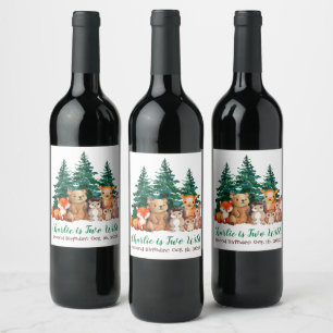 Two Wild Woodland  Forest Animals Second Birthday Wine Label