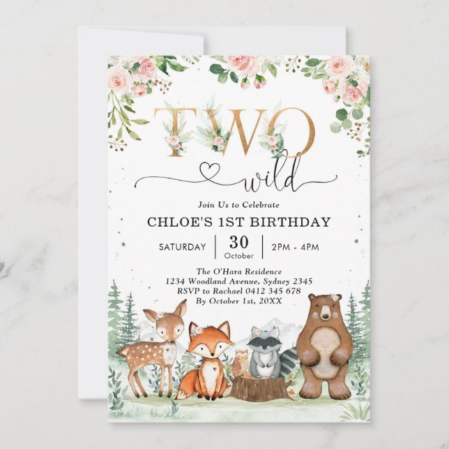 Two Wild Woodland Party Animals Girl 2nd Birthday  Invitation (Front)