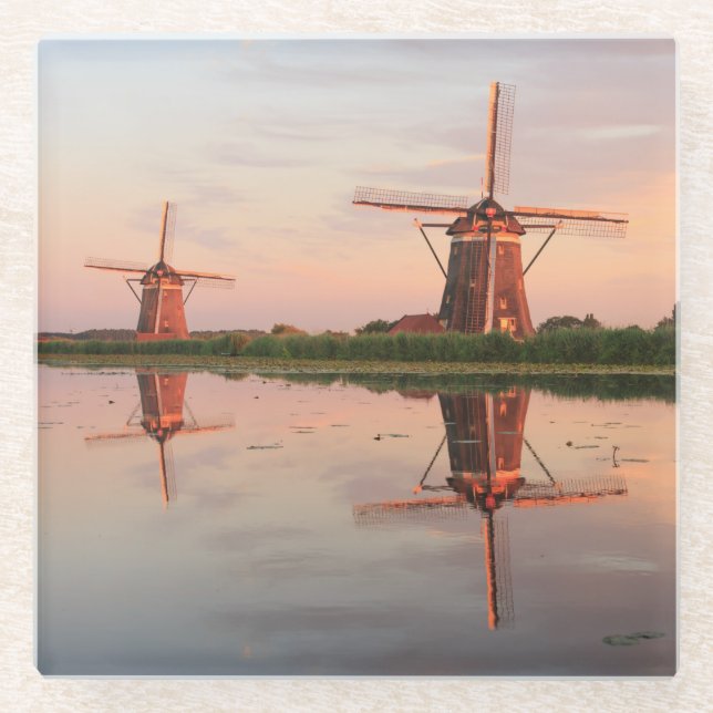 Two windmills with reflection at sunset glass coaster (Front)