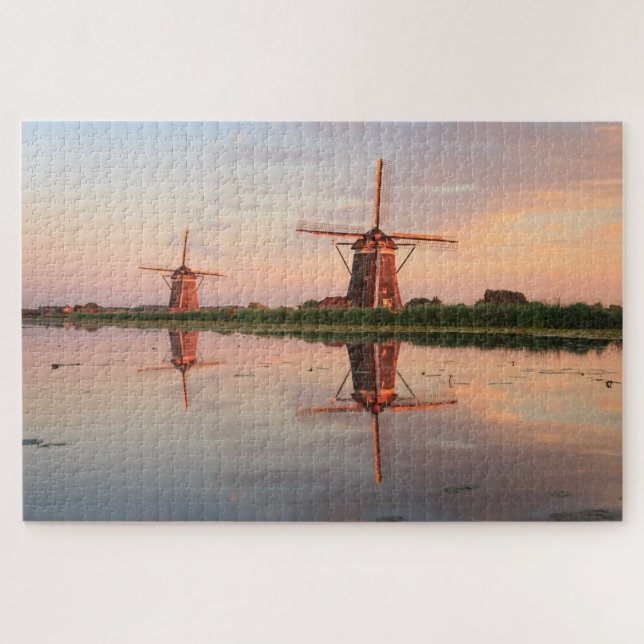 Two windmills with reflection at sunset jigsaw puzzle (Horizontal)
