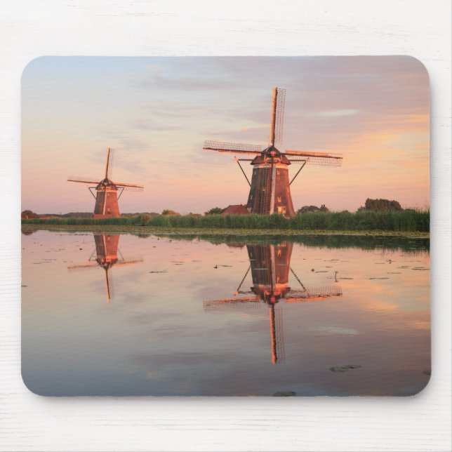 Two windmills with reflection at sunset mouse mat (Front)