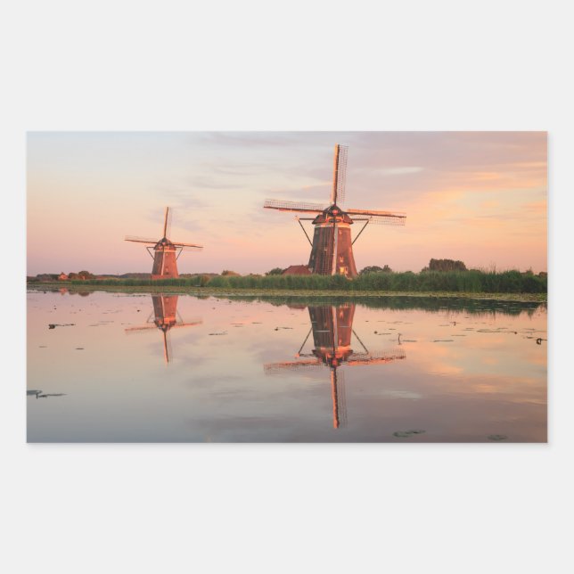 Two windmills with reflection at sunset rectangular sticker (Front)