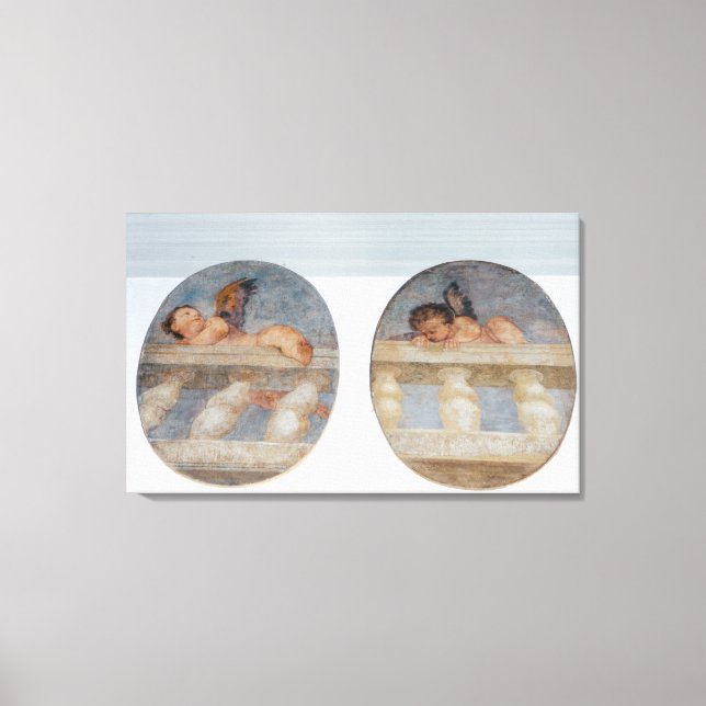 Two winged putti climbing over a balustrade, round canvas print (Front)
