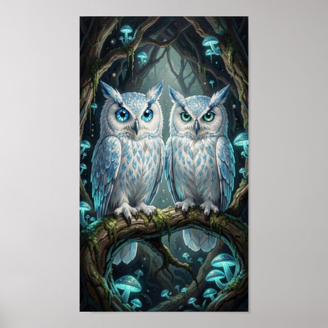 Two wise, ancient white blue owls poster (Front)
