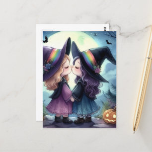 Two Witches Kiss Pride Series Watercolor Halloween Postcard