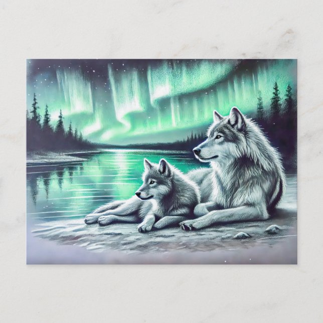 Two Wolves at the Waters Edge with Northern Lights Postcard (Front)