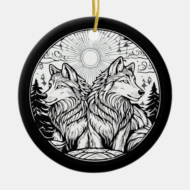 Two wolves ceramic tree decoration (Front)