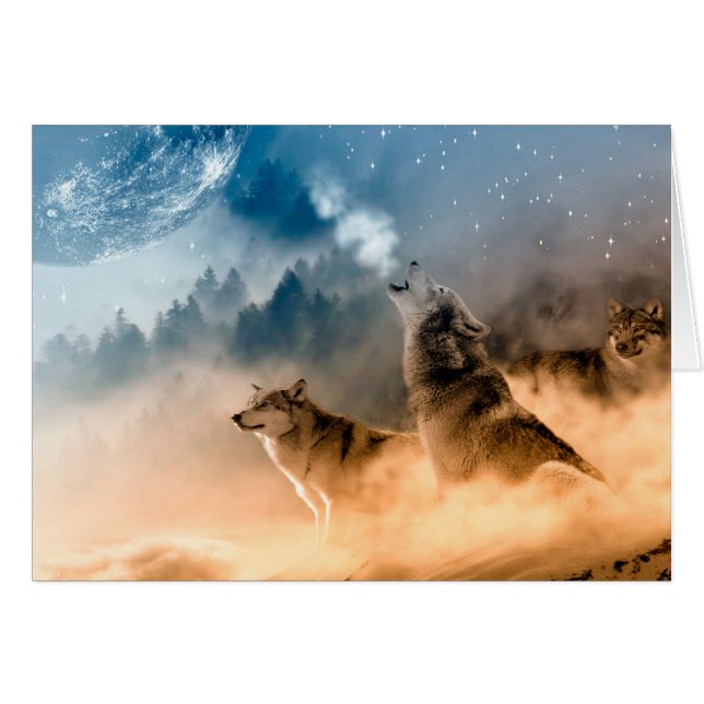 Two wolves howl at the full moon in forest (Front Horizontal)